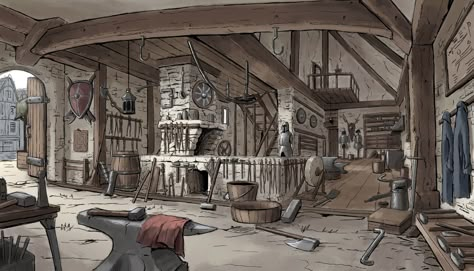 Fantasy Forge Concept Art, Medieval Forge, Interior Concept Art, Alien Artifacts, Fantasy City Map, Environment Painting, Fantasy Shop, Props Concept, Location Inspiration