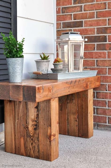 4x4 Bench Outdoor, 4x4 Wood Projects Outdoor, Paver Bench Diy, 4x4 Outdoor Furniture Diy, Planter Bench Plans, Diy 4x4 Wood Projects, Outside Bench Ideas Front Yards, Outside Bench Ideas, Diy Outdoor Bench Easy