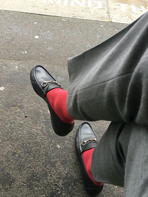 Red socks with my black leather Gucci Loafers #style #gucci Gucci Loafers With Socks, Red Socks Outfit Men, Red Socks Aesthetic, Aesthetic Loafers Outfit Men, Loafers Streetwear Men, Gucci Outfit Men, Gucci Loafers Men, Red Gucci Loafers, Colorful Socks Outfit