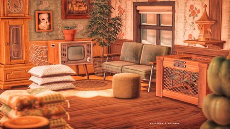 Acnh Retro Room, Mid Century Modern Animal Crossing, Animal Crossing Vintage Room, 70s Animal Crossing Island, Retro Animal Crossing Island, Acnh Retro Designs, Acnh 80s, Rural Living Room, Acnh Autumn