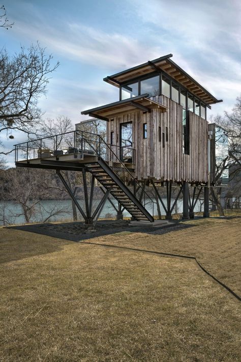 Tree House by Ryan Street Architects - Dwell Stilt Tree House, Property Ideas, Glass Cabin, Building A Treehouse, Lake Austin, House On Stilts, Tree House Designs, Timber Beams, Micro House