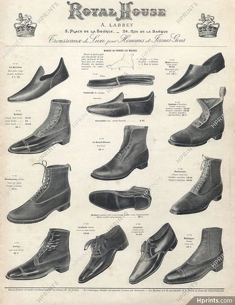 Royal House (Department Store) 1898 Men's Shoes 1800s Shoes, Victorian Mens Fashion, Victorian Mens Clothing, Edwardian Shoes, 19th Century Men, Century Shoes, Victorian Men, Historical Shoes, Victorian Shoes