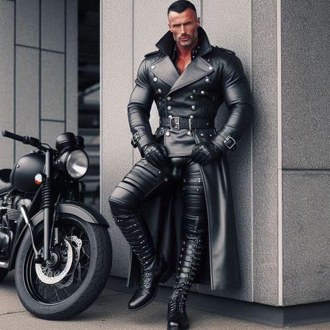 SUPERIOR ALPHA MOTORCYCLE LEATHER OFFICERS EMANATING POWER AND STRENGTH Long Leather Trench Coat, Steampunk Armor, Black Men Beard Styles, Leather Jeans Men, Leather Fashion Men, Beards And Tattoos, Cycle Gear, Black Men Beards, Mens Leather Clothing