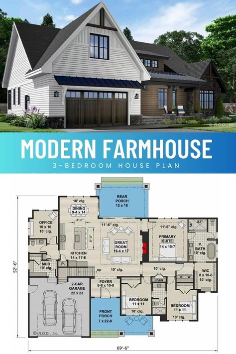 A two-story, 3-bedroom, modern farmhouse house plan with Jack & Jill bath and bonus room. The floor plan shows a home with an area of over 2000 sq. ft. and features 2 garages. 2000 Sq Ft House, Plan Floor, Southern Traditional, Mansion Floor Plan, Large Sheds, Home View, Country Craftsman, Light Grey Walls, Craftsman Home