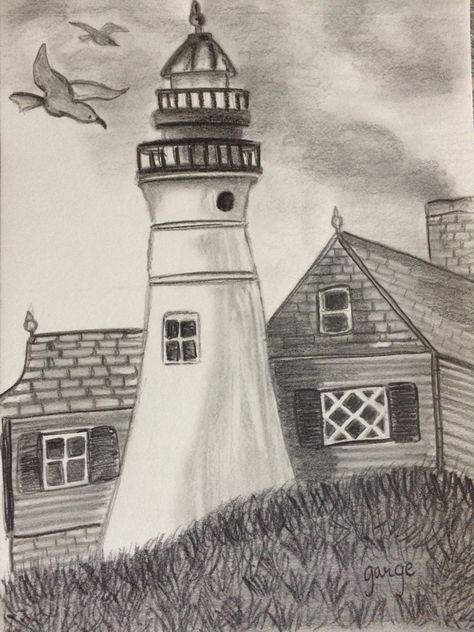 Light House Sketches Pencil, Light House Drawing Easy, Scenery Sketches Pencil, Light House Sketch, Light House Drawing Sketches, Pencil House Drawing, House Pencil Sketch, House Pencil Drawing, Drawing White On Black