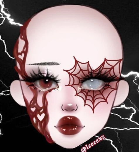 Makeup Art Design, Fashion Fantasy Makeup, Halloween Red Makeup Ideas, Halloween Face Charts Makeup Ideas, Makeup Drawing Template, Halloween Makeup Face Charts, Face Chart Makeup Ideas Creative, Makeup Ideas Drawing Halloween, Goth Valentines Day Makeup