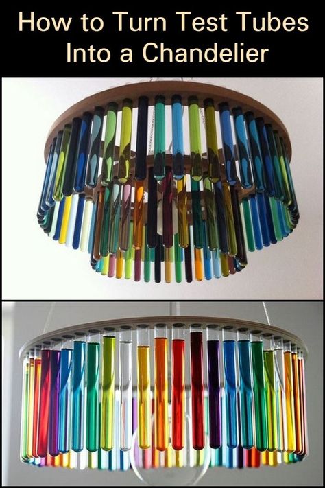 Beautiful and colorful, this DIY test tube chandelier will surely be a talking point! Hanging Test Tube Plants Diy, Test Tube Upcycle, Test Tube Bud Vase, Glass Tube Crafts, Test Tube Chandelier, Diy Wall Hanging Paper, Test Tube Crafts, Test Tube Shots, Trippy Decor