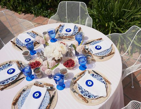 Evil Eye Bridal Shower Theme, Something Blue Dinner Party, Greek Dinner Party, Mamma Mia Wedding, Greek Party, Event Planning Guide, Greek Dinners, Bamboo Flatware, Rebecca De Ravenel