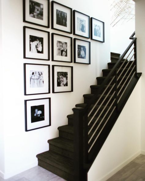 Black And White Picture Wall Stairs, Black Frame Gallery Wall Stairs, Black And White Gallery Wall Staircase, Mirror And Pictures On Wall, Photos In Stairwell Wall Ideas, Wedding Picture Wall Ideas, Stairs Picture Wall Ideas, Photo Wall Collage Staircase, Stair Picture Wall Layout