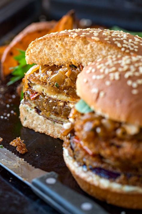 Crispy Eggplant Burger with Caramelized Onions & Tomato Jam | thecozyapron.com Burger With Caramelized Onions, Eggplant Burger, Herb Mayo, Crispy Eggplant, Vegan Eggplant, Tomato Jam, Caramelized Onion, Yummy Salad Recipes, Eggplant Recipes