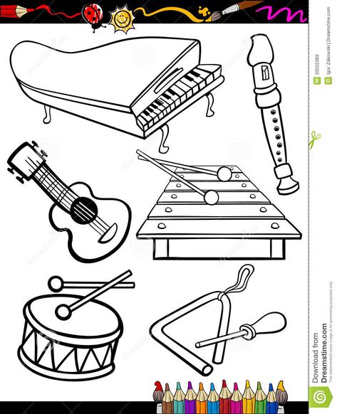 Cartoon music instruments coloring page. Coloring Book or Page Cartoon Illustrat #Sponsored , #advertisement, #ad, #instruments, #Cartoon, #Page, #coloring Music Coloring Sheets, Musical Instruments Drawing, Kindergarten Music, Homemade Instruments, Music Lessons For Kids, Kids Musical Instruments, Toy Musical Instruments, Preschool Music, Music Worksheets