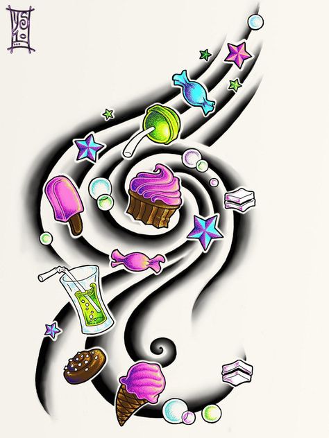 The Key design turned tattoo. Only 4 more keys are free for tattoos. Soooo much fun...love the colors. Cupcake Tattoo Designs, Candy Skull Tattoo, Candy Tattoo, Cupcake Tattoos, Meaning Tattoos, Sweet Tattoos, Geniale Tattoos, Sleeve Ideas, Candy Art