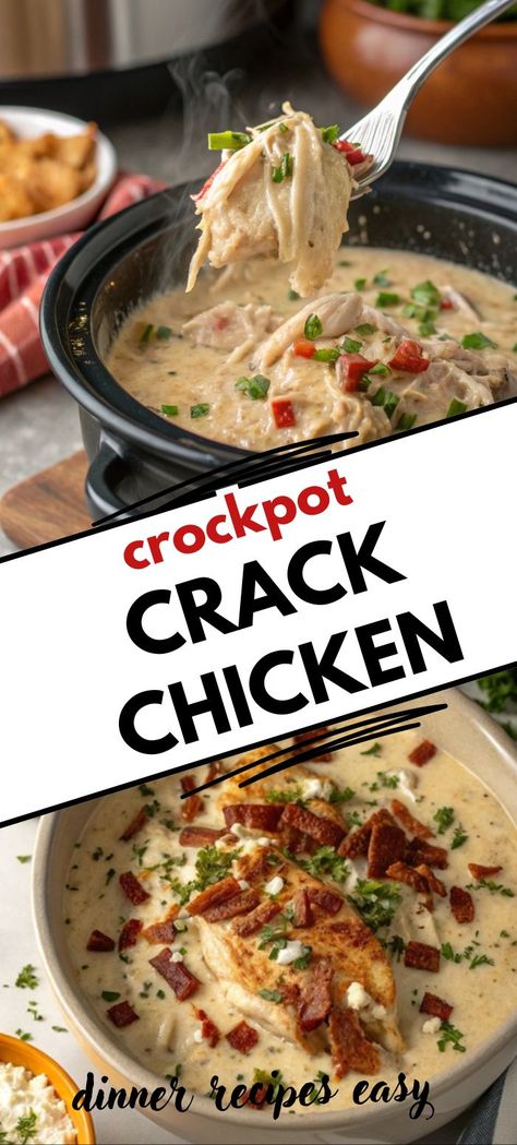 A close-up photo of a bowl of Slow Cooker Crack Chicken. The creamy soup is topped with shredded cheese, crispy bacon bits, and chopped parsley. The bowl is sitting on a wooden table. Potluck Crockpot, Crockpot Dinners Easy, Chicken Recipe Slow Cooker, Easy Chicken Crock Pot, Potluck Recipes Crockpot, Crockpot Recipes Chicken, The Best Chicken Recipes, Dinners Chicken, Chicken Crockpot