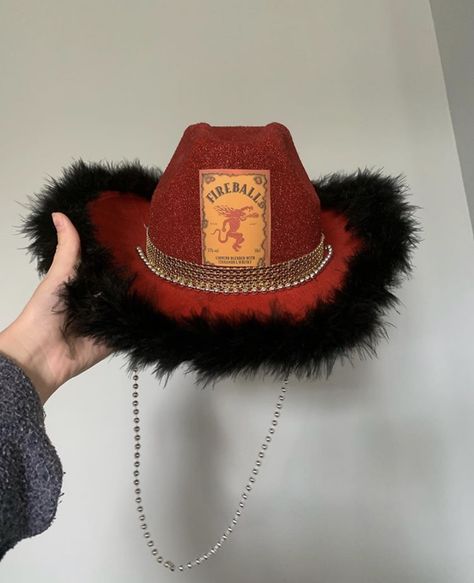 Fireball Hat Costume, Fireball Outfit Ideas, Crown Royal Cowboy Hat, Fire Ball Halloween Costume, Fireball Costume Halloween, Fireball Cowgirl Hat, Alcoholic Cowboy Hats, Custom Cowgirl Hat Ideas, Decorative Cowboy Hats