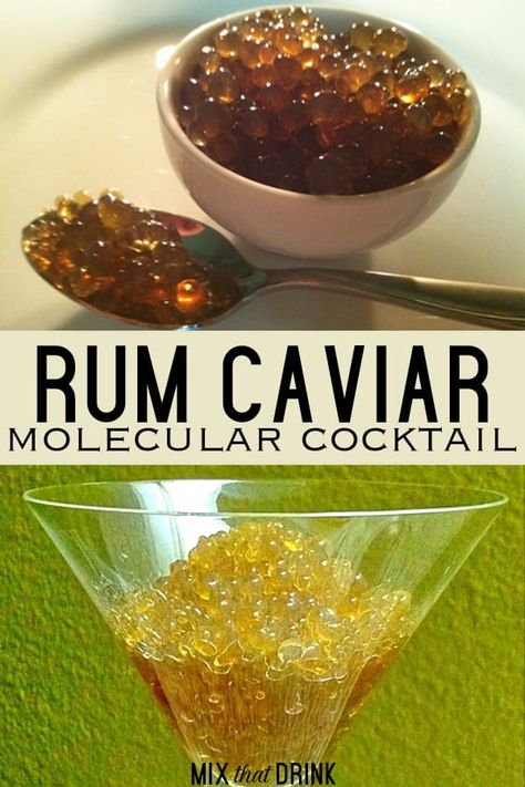 This Rum Caviar recipe makes little solid balls of rum that break open in your mouth just like fish eggs. They're like a more grown-up version of alcoholic gummy bears. They taste just like rum, so they’re great in drinks, on ice cream, etc. Alcoholic Caviar, Red Wine Caviar, Cocktail Caviar Recipes, Rum Caviar, Coffee Caviar Recipe, Alcoholic Gummy Bears, Cocktail Caviar, Molecular Cocktails, Molecular Food