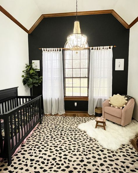 Black And White Nursery Accent Wall, Black Accent Nursery, Beige And Black Nursery, High Contrast Nursery, Black Boho Nursery, Black Crib Nursery Girl, Black Floral Nursery, Moody Nursery Ideas, Black Crib Nursery Ideas