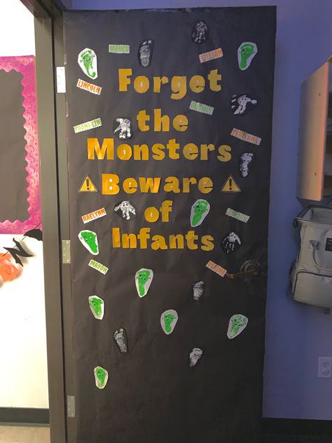 Halloween door, infant room, classroom Halloween door, preschool, door decorations, halloween Door Ideas For Halloween, Infant Halloween Classroom Door, Halloween Door Decorations Healthcare, Infant Classroom Door Ideas Halloween, Infant Room Halloween Bulletin Boards, Halloween Decorations Daycare, First Day Of October Craft, Halloween Door Decorations Infant Classroom, Hollween Decor Classroom Door