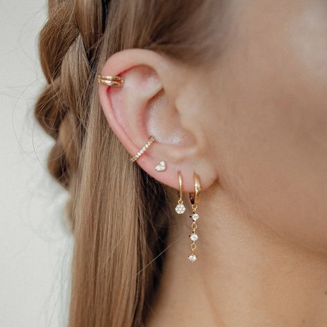 Dangle Huggie Earrings Gold Sterling Silver Dangling Hoops - Etsy Australia Elegant Ear Piercings Classy, Stackable Earring Ideas, Dainty Gold Earring Stack, Piercings Ear Silver, Elegant Piercings Ears, Cute Earrings Silver, 3 Earrings Piercing In A Row, Cute Ear Piercings Ideas, Ear Dressing