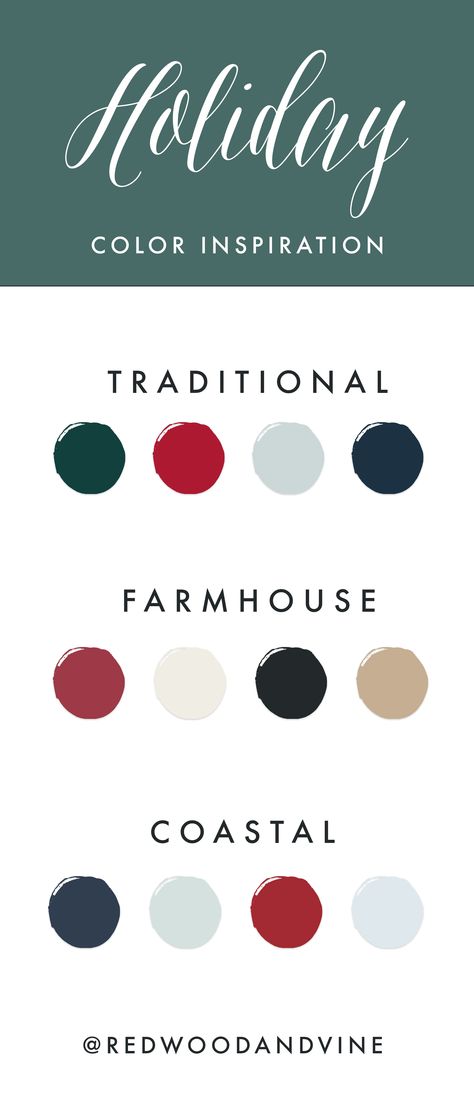 holiday color inspiration :: traditional, farmhouse and coastal christmas color palettes for home decor & stationery design :: @redwoodandvine Color Palettes For Home, Christmas Color Palette, Farmhouse Coastal, Farmhouse Traditional, Christmas Color, Traditional Farmhouse, Coastal Christmas, Holiday Colors, Farmhouse Christmas