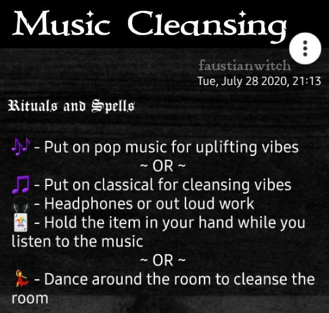 Music Witch Spells, Sound Cleansing Witchcraft, How To Cleanse Yourself Witchcraft, Witchcraft Cleansing Home, Music Witchcraft, Hellenic Witchcraft, Music Witch, Art Witchcraft, Divination Witch