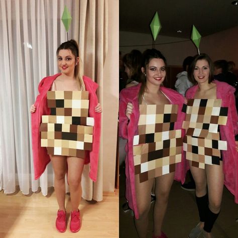 A selfmade sims costume! You need a pink bathrobe, brown paper for the pixel-dress and green paper for the diamond- and here we go! You are ready for all the costumepartys :) Sims Costume Diy, Sims Cosplay, Fantasia The Sims, Sims Party, Sims Costume Halloween, Witty Halloween Costumes, Sims Halloween Costume, Sims Costume, Hot Halloween Outfits