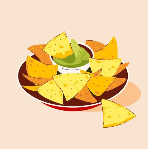 Nachos, mexican food appetizer. Corn tortilla chips with various additives. Vector illustration Nachos Drawing, Mexican Food Illustration, Nachos Illustration, Mexican Food Drawing, Mexican Food Art, Chips Illustration, Nacho Bowl, Taco Illustration, Holiday Drawings