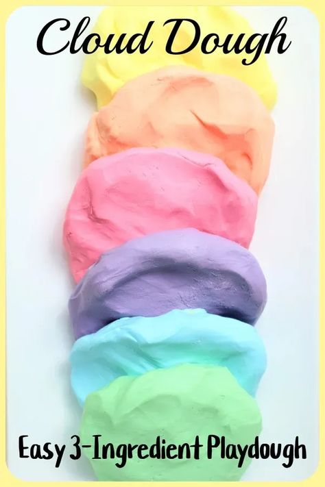 It takes just 3 simple ingredients (cornstarch, lotion or conditioner), and food colouring (optional) to make this simple, no-cook playdough that is a blast to play with. Kids have fun making the playdough, too! #clouddough #playdough #playdo #cornstarchplaydough #nocookplaydough #3ingredientplaydough #2ingredientplaydough #kidscooking #lotionplaydough Corn Starch Play Dough Recipe, Individual Playdough Recipe, Homage Play Dough, Hair Conditioner Playdough Recipe, Play Dough With Conditioner, Best Playdough Recipe Ever, No Salt Playdough, Allergy Free Playdough Recipe, Easy Play Dough Recipe No Cook