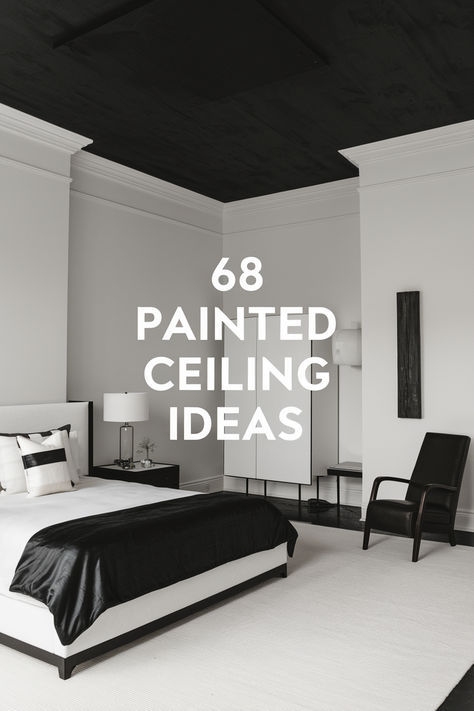 68 Amazing Painted Ceiling Ideas Dark Grey Ceiling Bedroom, Wallpaper For Low Ceilings, Rooms With Black Ceiling, Dark Ceiling Light Walls Bathroom, Black Bedroom Ceiling Ideas, Family Room Ceiling Design, Dark Ceilings Lighter Walls, Black Sprayed Ceiling Basement, Grey Ceiling Bedroom