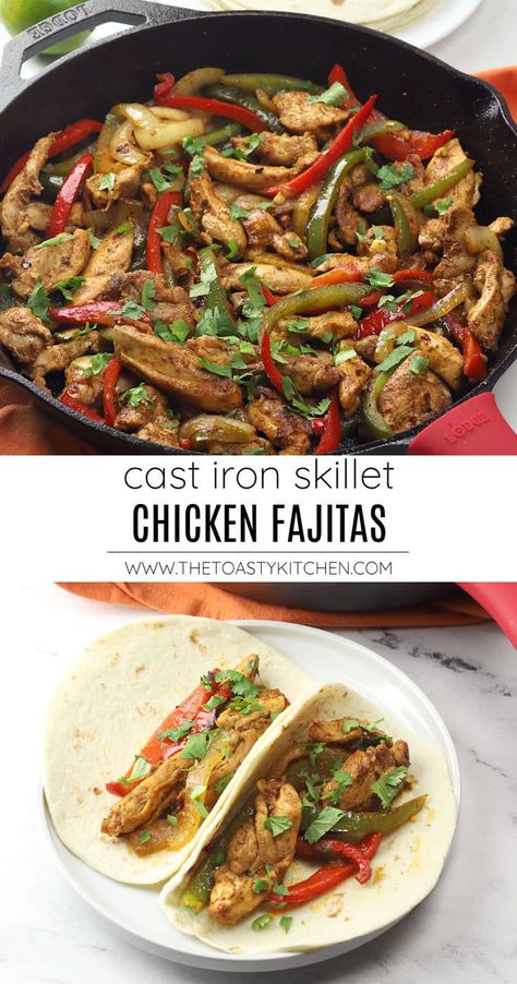 Skillet chicken fajitas recipe by The Toasty Kitchen. Make a sizzling skillet of chicken fajitas for your next weeknight meal. This crowd-pleasing dinner comes together in a single pan, made with chicken thighs, onion, bell pepper, and a simple homemade seasoning blend. #chickenfajitas #skilletfajitas #castironskillet #castironfajitas #chickenthighfajitas #recipe #dinnerideas #mealideas #dinnerrecipes Boneless Skinless Chicken Recipes, Skillet Chicken Fajitas, Meatloaf Cupcakes, Chicken Fajitas Recipe, Turkey Food, Homemade Seasoning, Fajitas Recipe, Cooked Chicken Recipes, Chicken Breakfast