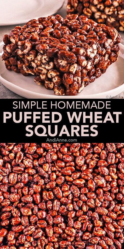 These classic puffed wheat squares start by melting butter, brown sugar, corn syrup, cocoa powder and vanilla extract in a large pot on the stove. Once it forms a melted chocolate liquid, the puffed wheat is added and mixed in. Wheat Puff Recipe, Puff Wheat Squares With Marshmallows, Chewy Puffed Wheat Squares, Puff Wheat Cake, Chocolate Puffed Wheat Squares, Puffed Wheat Squares No Corn Syrup, Puffed Wheat Squares With Marshmallows, Corn Syrup Recipes Desserts, Puffed Wheat Squares Gooey