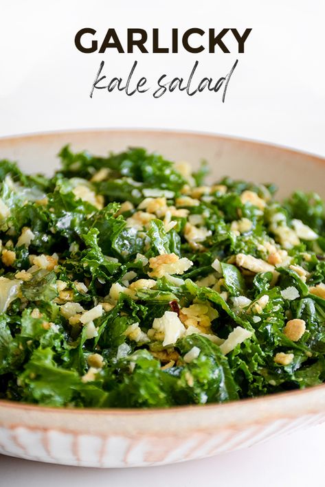 Kale Salad With Parmesan Cheese, Garlic Kale Salad, Kale Garlic Salad, Kale And Parmesan Salad, Kale Dressing Recipes, Massaged Kale Salad Recipes, Kale Parmesan Salad, Kale Recipes Healthy Clean Eating, Kale Lemon Parmesan Salad