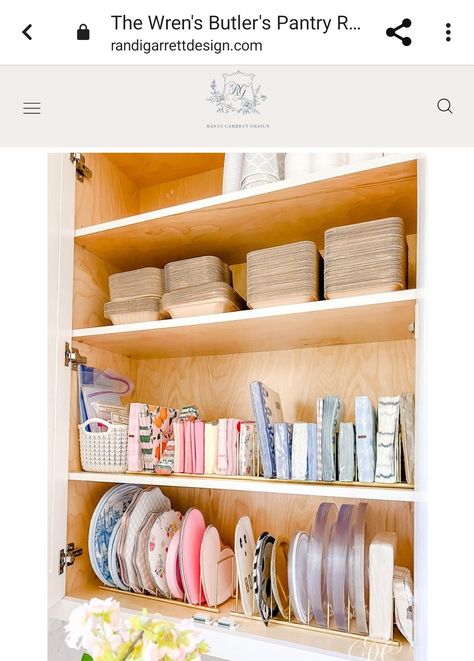 Organizing Kitchen Paper Products, Practical Pantry Organization, Butlers Pantry Organization, Hosting Closet, Entertaining Closet, Wall Pantry Ideas, Party Pantry, Pretty Organization, Party Supply Organization