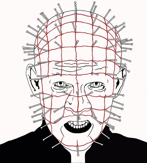 Pinhead (Hellraiser) Pin Head Drawing, Hellraiser Drawing, Pinhead Drawing, Pinhead Hellraiser Tattoo, Pinhead Painting, Hellraiser Tattoo, Hellraiser Art, Hellraiser Pinhead Art, Movie Character Drawings