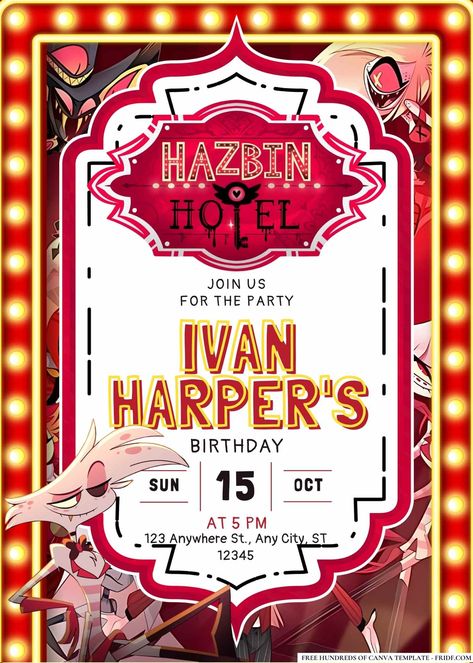 FREE Editable Hazbin Hotel Birthday Invitations Check more at https://www.fridf.com/free-editable-hazbin-hotel-birthday-invitations/ Hotel Birthday Party, Hotel Birthday, Hotel Birthday Parties, Birthday Invites, Hazbin Hotel, Birthday Invitations, Birthday Party, Hotel, Birthday