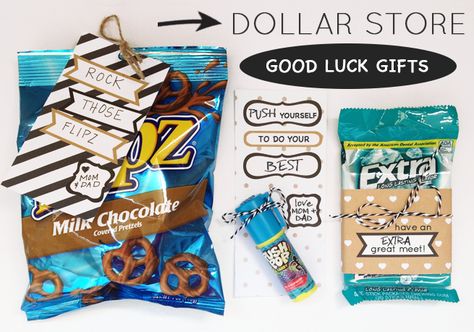 Good Luck Gifts - DIY for a $1 or less Gymnast Meet Gifts, Theater Good Luck Gift, Gymnastics Treats Good Luck, Gymnastic Meet Goody Bags, Gymnastics Competition Goodie Bags, Gymnastics State Meet Gifts, Gymnastics Goodie Bags, Gymnastics Good Luck Gifts, Gymnastics Team Gifts