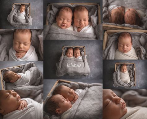 Newborn photography of twin boys posed in bucket prop.  Grey wrap and backdrop.  One set, multiple angles. Twin Boy Newborn Photography, Twin Newborn, Twin Photography, Boy Newborn, North Bay, Newborn Twins, Photography Home, Twin Boys, Newborn Family