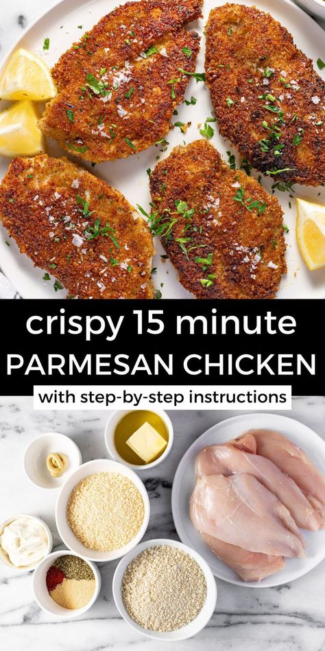 This crispy Parmesan crusted chicken is made with just a handful of simple ingredients and only takes about 15 minutes to throw together! It's a great way to take a boring chicken breast and transform it into a flavorful protein that your whole family will love. My secret ingredient keeps the chicken moist, tender, and juicy on the inside while it gets a super crispy, crunchy, delicious Parmesan crust on the outside! Italian Parmesan Crusted Chicken, Parmesan Crusted Chicken Hello Fresh, Breaded Parmesan Chicken Oven Baked, Parmesan Crusted Chicken Cutlets, Breaded Chicken Dinner Ideas, Fried Parmesan Crusted Chicken, Easy Chicken Leg Recipes, Crusted Parmesan Chicken, Parm Crusted Chicken