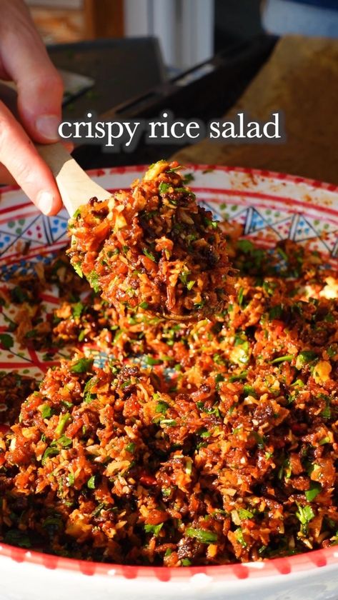 VEGAN NAM KHAO 🇱🇦 Nam khao is a popular salad from Laos, the crispy rice with the fresh herbs, the crunchy nuts and the tangy dressing… | Instagram Crispy Rice Vegan, Crispy Rice Salad Recipe, Crunchy Rice Salad, Nam Khao Recipe, Vegan Crispy Rice, Crispy Rice Recipe, Nam Khao, Vegan Fish Sauce, Crispy Rice Salad