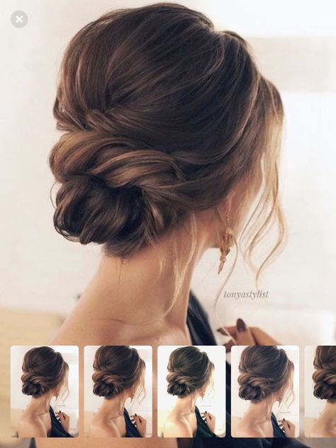 Wedding Updo For Wavy Hair, Bridesmades Hairstyles Updo, Updos With Strapless Dress, Wedding Hair Light Brown, Bridal Up Dos For Medium Hair, Wedding Messy Bun Hairstyles Tutorials, Wedding Officiant Outfit Female, Unique Bridesmaid Hair, Beach Wedding Updo Hairstyles