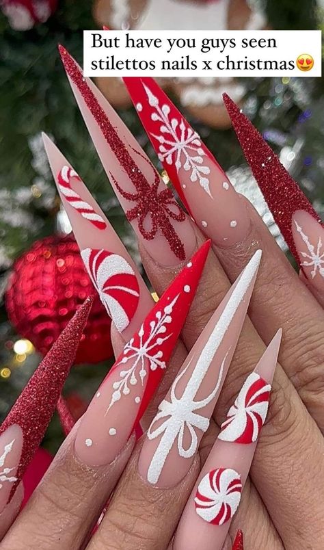 Stiletto Nail Art Christmas, Red Bottom Christmas Nails, Long Stiletto Christmas Nails, Christmas Nail Stiletto, Traditional Christmas Nails, Xmas Nails Stiletto, Christmas Nail Designs Stiletto, Christmas Stilleto Nails Designs, Stiletto Christmas Nails Designs