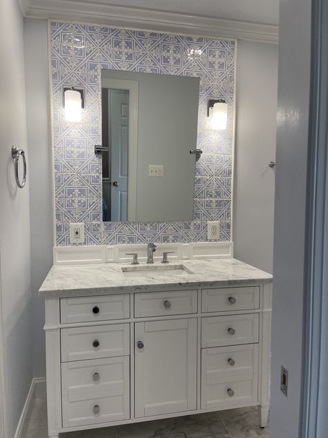 Vanity With Tile Wall, Tile Behind Vanity, Vanity In Bathroom, Ladies Bathroom, Blue Bathroom Tile, Master Bathrooms, House Paint Interior, Downstairs Loo, Hall Bathroom