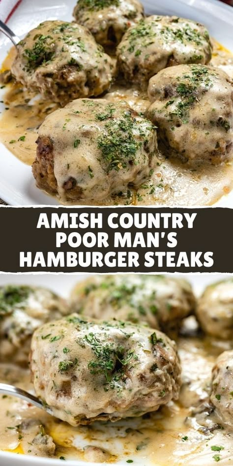 Amish Poor Mans Hamburger, Poor Man’s Hamburger Steaks, Poor Man’s Steak And Gravy, Hamburger Dishes Suppers, Canning Amish Poor Mans Steak, Poor Man’s Steak Recipe, Amish Country Poor Man Hamburger Steak, Amish Hamburger Steaks, Amish Hamburger Bake