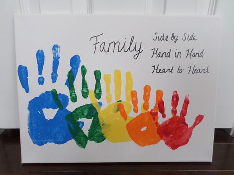 Rainbow Family Handprint Canvas Family Hand Print Painting Ideas, Family Handprint Crafts, Handprint Canvas Family, Family Canvas Handprints Ideas, Handprint Painting Family, Family Canvas Art Ideas, Family Handprint Art Canvas Cute Ideas, Family Hand Prints On Canvas, Handprint Art Family