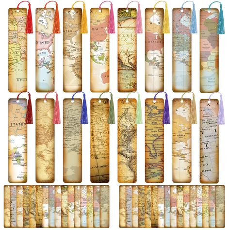 PRICES MAY VARY. What You Will Receive: you will get 64 pieces of vintage style cardboard bookmarks for book lovers in 16 different patterns, 64 pieces of tassels in 16 different colors Product Information: cardboard bookmarks are approx. 3.8 x 17.8 cm/ 1.5 x 7.01 inches, very suitable for putting into your books; Bookmarks are made of high impact cardboard that can be implemented for a long time; And the size of tassel is approx. 12.5 cm/ 4.92 inches Delicate Design: bookmarks with tassels have Cardboard Bookmarks, Cool Bookmarks, Retro Paper, Vintage Bookmarks, Library Themes, Book Marker, Page Markers, Map Pattern, Bookmarks For Books