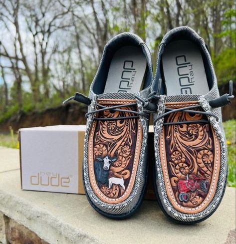 Hey dude shoes, custom shoes, custom leather, leather work, leather tooling, tooled leather, boer goat, case IH, baldy cow Leather Hey Dudes Men, Tooled Hey Dudes, Leather Hey Dudes, Hay Dudes, Team Roper, Leather Wedding Shoes, Custom Leather Work, Western Shoes, Hey Dude Shoes