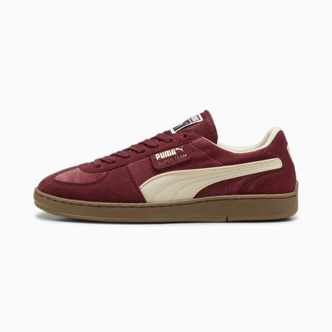 Back in an array of vivid colour schemes, the PUMA Super Team is modeled on the 1982 Handball World Championship trainer worn by the German national team. The original Super Team was crafted with a full suede upper, locking down the shoe’s classic styling. Originally a design feature to stand up to the rigors of the sport, contrast stitching in the midsole became one of the shoe’s most distinctive and standout features.. Visit our page to learn more about our regal red PUMA Super Team Velvet Sne Shoes Fall 2024, Red Sneakers Women, Red Puma Shoes, Colourful Shoes, Puma Shoes Women, German National Team, Almond Chocolate, Velvet Sneakers, Shoe Wishlist