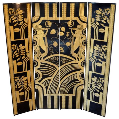 Black Lacquer and Gold Screen:  Paul Fehér Art Deco Screen, Bas Relief Art, Folding Screen, Iron Work, Gold Art Deco, Deco Furniture, Black Lacquer, Art Deco Furniture, Room Dividers