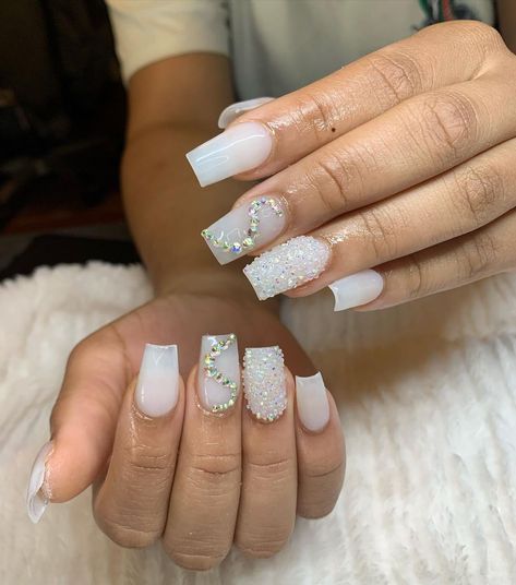 Short Acrylic Nails With Pixie Crystals, Pixie Crystal Nail Designs, White Nails With Crystals, Nails With Pixie Crystals, Pixie Crystal Nails, Sugar Crystals, Nail Nail, Crystal Nails, Birthday Nails