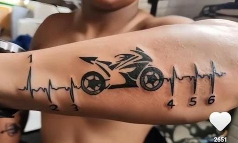 Motorcycle Heartbeat Tattoo, Sports Bike Tattoo, Bike Tattoo Ideas Motorcycles, Tatoos Motorcycle Tattoo Ideas, Car Related Tattoos For Men, Moto Tattoo Ideas, Biker Tattoos For Men, Motorcycle Tattoos For Men, Motorbike Tattoo Ideas