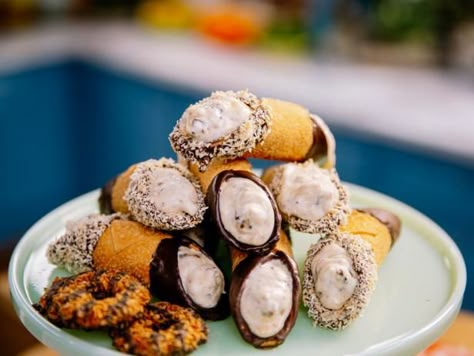 Salted Caramel Samoas Cannoli Recipe | Jeff Mauro | Food Network Food Network The Kitchen Recipes, Chocolate Cannoli, Food Network The Kitchen, Cannoli Dip Recipe, Cannoli Recipes, Girl Scout Cookie Recipes, Honey Muffins, Cannoli Dip, Jeff Mauro